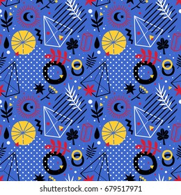 Colorful seamless pattern with geometric and floral elements. Useful for web design, posters, textile and backgrounds.