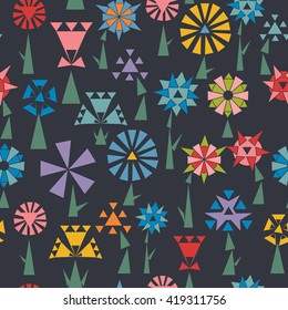 Colorful seamless pattern with geometric flower icons in silhouette isolated on navy. Cute mosaic design in bright colors for stickers, labels, tags, gift wrapping paper.
