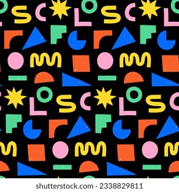 Colorful seamless pattern with geometric shapes with grain texture. Various abstract symbols for creative design on black background.	