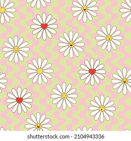 Colorful seamless pattern in geometric style with ditsy flowers. Groovy and fun vector print with smiled faces in chamomile flowers, cartoon style. Retro and hippie aesthetic, love and peace