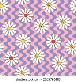 Colorful Seamless Pattern In Geometric Style With Ditsy Flowers. Groovy And Fun Vector Print With Smiled Faces In Chamomile Flowers, Cartoon Style. Retro And Hippie Aesthetic, Love And Peace