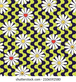 Colorful seamless pattern in geometric style with ditsy flowers. Groovy and fun vector print with smiled faces in chamomile flowers, cartoon style. Retro and hippie aesthetic, love and peace