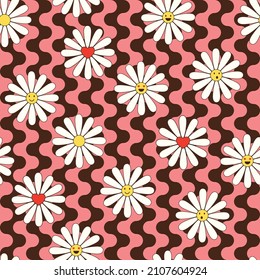 Colorful seamless pattern in geometric style with ditsy flowers. Groovy and fun vector print with smiled faces in chamomile flowers, cartoon style. Retro and hippie aesthetic, love and peace