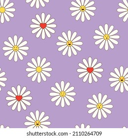 Colorful seamless pattern in geometric style with ditsy flowers. Groovy and fun vector print with smiled faces in chamomile flowers, cartoon style. Retro and hippie aesthetic, love and peace