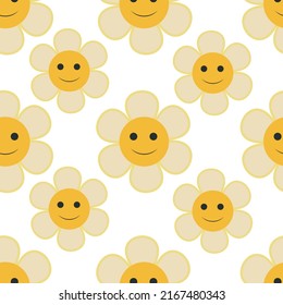 Colorful seamless pattern in geometric style with ditsy flowers. Groovy and fun vector print with smiled faces in chamomile flowers, cartoon style. Retro and hippie aesthetic, love and peace