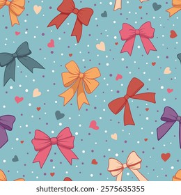 Colorful seamless pattern with gift bows. Hand drawn festive bright background with tied bows and hearts for nursery, scrapbook, design, linen