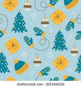 Colorful seamless pattern with  gift boxes, christmas trees, warm hat, mittens and snowflakes on blue background. Modern festive cartoon vector illustration.