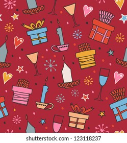 Colorful seamless pattern with gifts, candles, goblets. Endless decorative romantic background with boxes of presents. Hand drawn holiday texture for crafts, prints, wallpapers, package papers