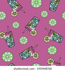 Colorful seamless pattern with glass of beverage and lemon slice. Hand drawn illustration converted to vector, isolated. 