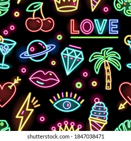 Colorful seamless pattern with glowing electric elements. Repeatable bright background with different neon signs and symbols. Vector illustration on black background