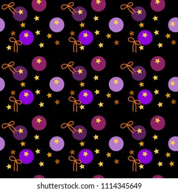 Colorful seamless pattern of gold stars, various violet shaded circles, orange ribbons on dark background. Vector illustration. Use as wallpaper, backdrop or print on wrapping paper, tile, fabric, etc