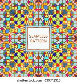 Colorful seamless pattern with golden inserts. Ornamental, mosaic vector background. Suitable for textile, tile, slab, fashion, stained-glass window, vitrage 