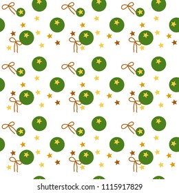 Colorful seamless pattern of golden stars, green balls, brown ribbons on transparent (white) background. Vector illustration. Use as wallpaper, backdrop, or print of wrapping paper, tile, fabric, etc