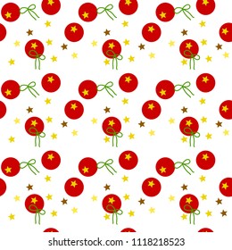 Colorful seamless pattern of golden stars, red dots, green ribbons on transparent (white) background. Vector illustration. Use as wallpaper, backdrop, montage or print of wrapping paper, tile, fabric.