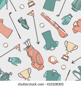 Colorful seamless pattern with golf icons. Hand drawn background with professional golf equipment. Vector illustration, sport icon. Decorative wallpaper, good for printing