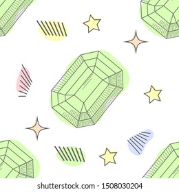 Colorful seamless pattern with gorgeous natural gemstones, mineral crystals, precious and semiprecious faceted stones hand drawn on white background