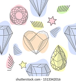 Colorful seamless pattern with gorgeous natural gemstones, mineral crystals, precious and semiprecious faceted stones hand drawn on white background