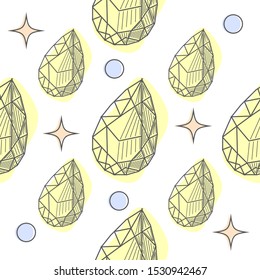 Colorful seamless pattern with gorgeous natural gemstones, mineral crystals, precious and semiprecious faceted stones hand drawn on white background