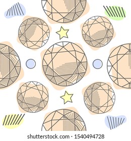 Colorful seamless pattern with gorgeous natural gemstones, mineral crystals, precious and semiprecious faceted stones hand drawn on white background