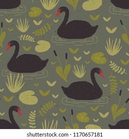 Colorful seamless pattern with gorgeous wild black swans floating in marsh or swamp among water plants. Vector illustration in flat cartoon style for wrapping paper, textile print, wallpaper.