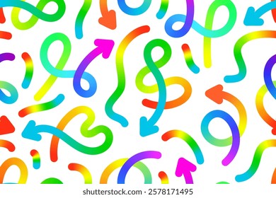 Colorful seamless pattern with gradient lines and arrows. Swirling, wavy and curved shapes on a white background. Hand drawn in rainbow colors. Vector illustration.