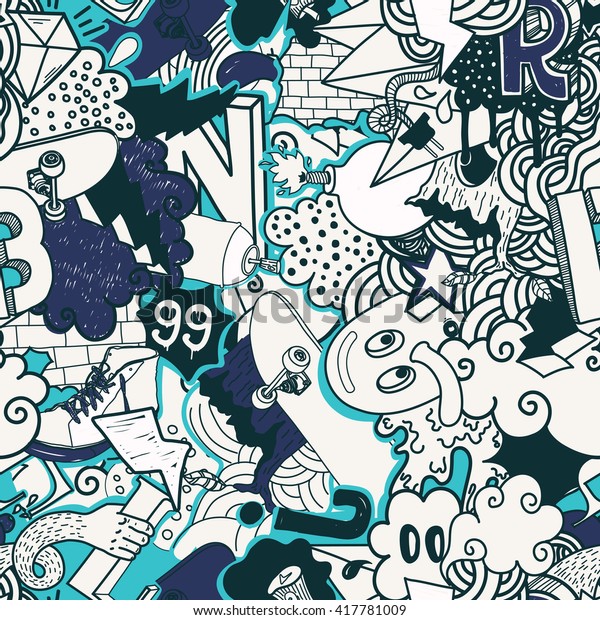 カラフルなシームレスなパターン 青の色の落書き落書き風ストリートアートイラスト スケートボード 衣服 寝巻 壁紙 織物用の奇抜なエレメントとキャラクターの構成 のベクター画像素材 ロイヤリティフリー