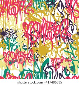 Colorful seamless pattern. Graffiti hand style old school doodles street art illustration. Composition with tags, signs, elements for skate board, clothing streetwear wallpapers textile fabric