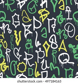 Colorful seamless pattern. Graffiti hand style old school doodles street art illustration. Composition with tags, signs, elements for skate board, clothing streetwear wallpapers textile fabric