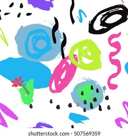 Colorful seamless pattern with grange, ink shape elements on white background. Design for wallpaper, textile and prints. Vector.