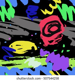 Colorful seamless pattern with grange, inks, shapes elements on black background. Design for wallpaper, textile and prints. Vector.