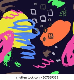 Colorful seamless pattern with grange, inks, shapes elements on black background. Design for wallpaper, textile and prints. Vector.