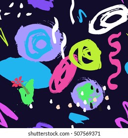 Colorful seamless pattern with grange, inks, shapes elements on black background. Design for wallpaper, textile and prints. Vector.