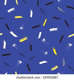 Colorful seamless pattern with grange, inks, shapes elements on blue background. Design for wallpaper, textile and prints. Vector.