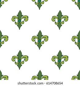 Colorful seamless pattern with green hand drawn doodle royal floral ornament on white. French fleur-de-lis element. Flourish damask infinity background. Vector illustration.