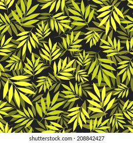 Colorful seamless pattern with green leaves on the dark gray background