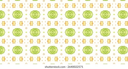 Colorful seamless pattern with green mandala and orange floral shapes on white background.