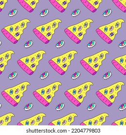 Pizza sin costura y sin costura con los ojos. Tela psicodélica vintage, envoltura y papel pintado.