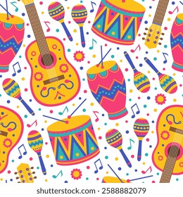 Colorful seamless pattern with guitars, drums, drumsticks, maracas and notes. Ethnic musical instruments for Brazil carnival, music festival. Vector flat illustration for wallpaper, textile, packaging