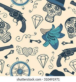 Colorful seamless pattern with guns, diamonds and flowers. vector illustration