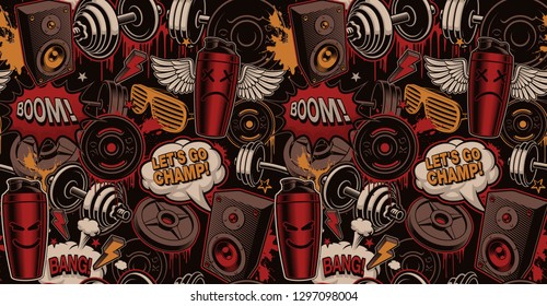 Colorful seamless pattern for gym in graffiti style, with cartoony illustrations of barbells, dumbbells and hip hop characters.