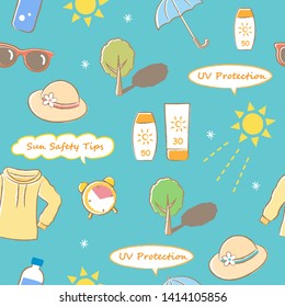 colorful seamless pattern with had drawing sun safety tips: hat, sunscreen, sleeved shirts, sunglasses, shade, time, and hydration.  UV protection skin care concept