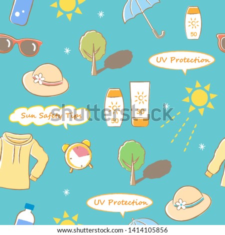 colorful seamless pattern with had drawing sun safety tips: hat, sunscreen, sleeved shirts, sunglasses, shade, time, and hydration.  UV protection skin care concept