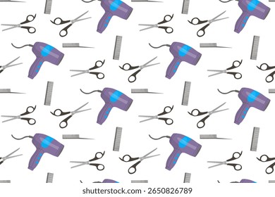 Colorful seamless pattern of hair salon tools including hair dryers, scissors, and combs in a vector illustration. The repetitive design showcases essential hair styling equipment.