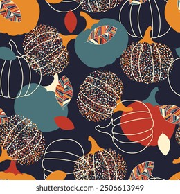 Colorful seamless pattern of Halloween abstract pumpkins with fall leaves. Perfect for fall, Halloween, holidays, fabric, textile.