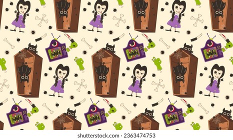 Patrón colorido y transparente para Halloween. Bat en un ataúd y una muñeca aterradora con un monstruo de la televisión en un estilo de dibujos retro.