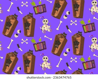 Patrón colorido y transparente para Halloween. Bat en un ataúd y una muñeca aterradora con un monstruo de la televisión en un estilo de dibujos retro.