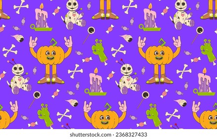 Colorful seamless pattern for Halloween. Vector background with pumpkin and voodoo doll characters in retro cartoon style.