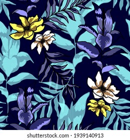 Colorful seamless pattern with hand draw tropical leaves. Vector 10 EPS for your creative design