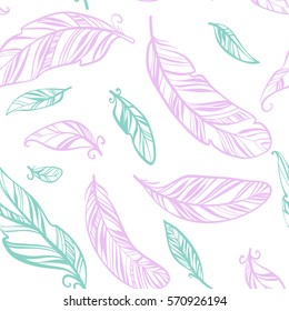 Colorful seamless pattern with hand drawing ornament feathers. Vector boho style decorative illustration on white background. 