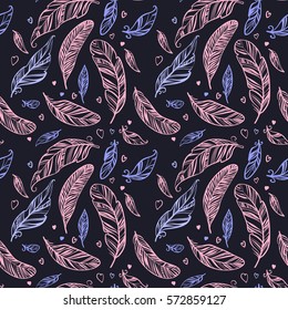 Colorful seamless pattern with hand drawing ornament feathers. Vector boho style decorative illustration on black background. 